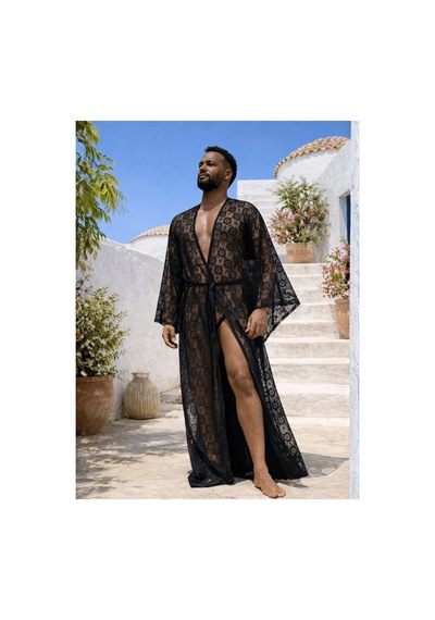 Qmen Style Erkek Plaj Kaftanı Siyah Lace Dandel Siyah