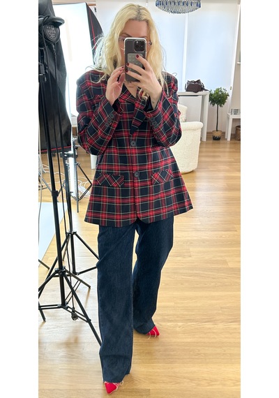 Modaonna Ekose Desen Kırmızı Blazer Ceket Kırmızı