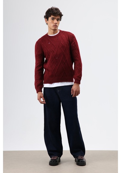 Vamos Oversize Desenli Triko Kazak Bordo