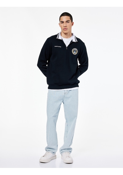 Koton Uzun Kollu Şardonlu Baskılı Yarım Fermuarlı Sweatshirt Lacivert 6wam70114mk Lacivert