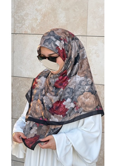 Qalortex Scarf Pamuklu Gonca Desen Eşarp - Siyah