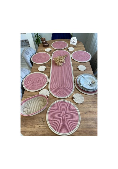 Jüt Hasır Amerikan Servis Supla Runner Sepet Ve Bardaklık 14 Lü Pembe Krem Pembe Krem