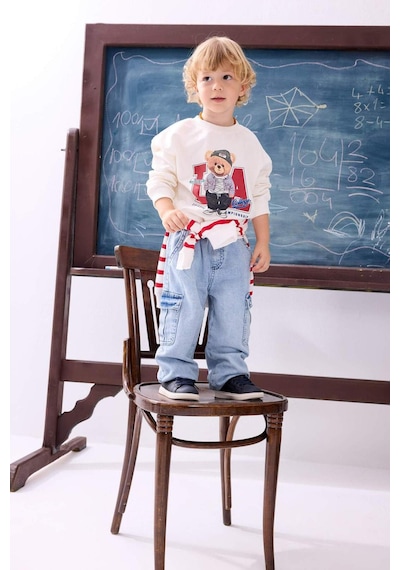 Defacto %100 Pamuk Oversıze Bisiklet Yaka Ayıcık Baskılı Sweatshirt Kumaşı Sweatshirt Erkek Bebek H9785a526auer118 Ekru-er118