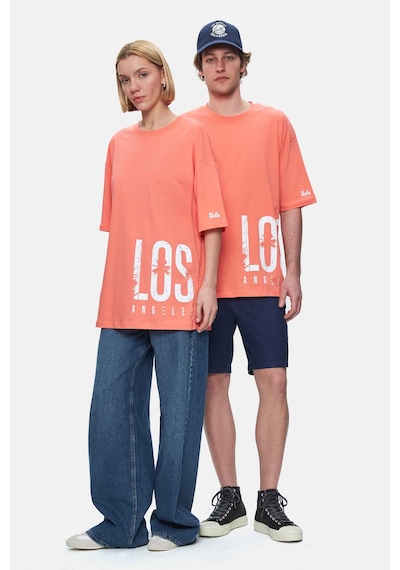 Ucla Ignıso Sıcak Pembe Bisiklet Yaka Baskılı Oversize Erkek Tshirt Sıcak Pembe