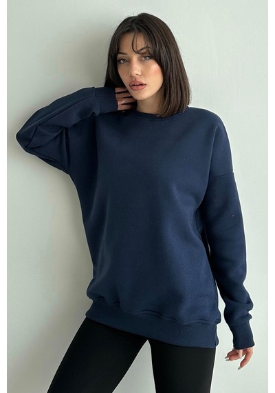 Kadın Lacivert Bisiklet Yaka Oversize Sweatshirt Lacivert