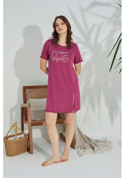 Guava Kadın Bisiklet Yaka Viskon Yırtmaç Detaylı Mini Gecelik Elbise - Homewear Fuşya