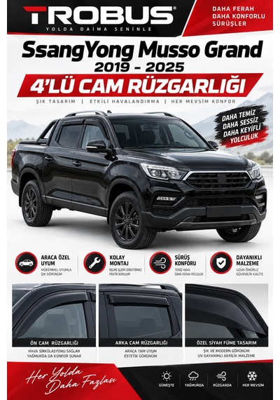 Premium Ssangyong Musso Grand 2.2 Dizel 4x4 2019+ Uyumlu Siyah Sport Rüzgarlık 4 Parça