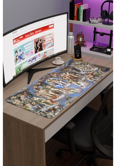 Michelangelo Kıyamet Günü V1 90x40 Xxl Gaming Kauçuk Kaymaz Taban Mouse Pad Fare Altlığı