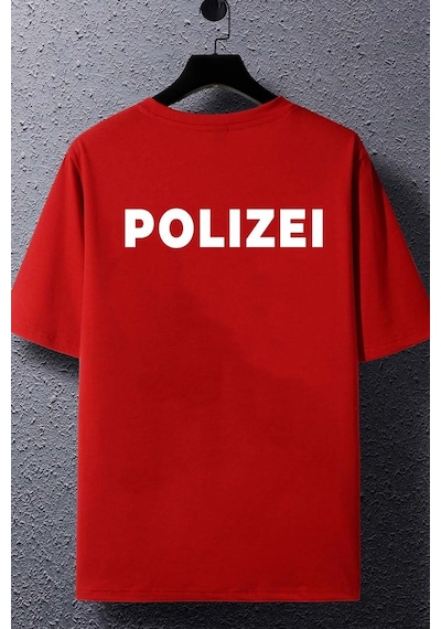 Unisex Polizei Baskılı T-shirt Kırmızı