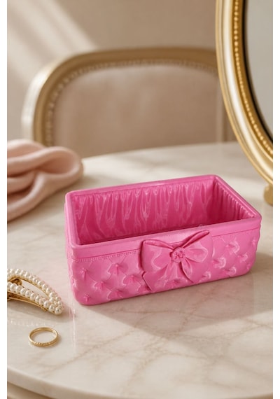 Fiyonk Detaylı Takı Ve Makyaj Organizer Kutusu Modern Masaüstü Düzenleyici Pembe