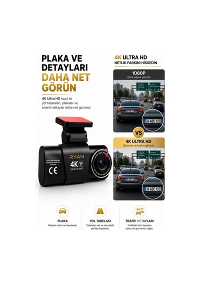 Bagajon Ryan Yapay Zeka Destekli 4k Ön 1080p Arka Araç Kamerası Wifi Gps, Gece Görüşü, G-sensor, Park Kiti