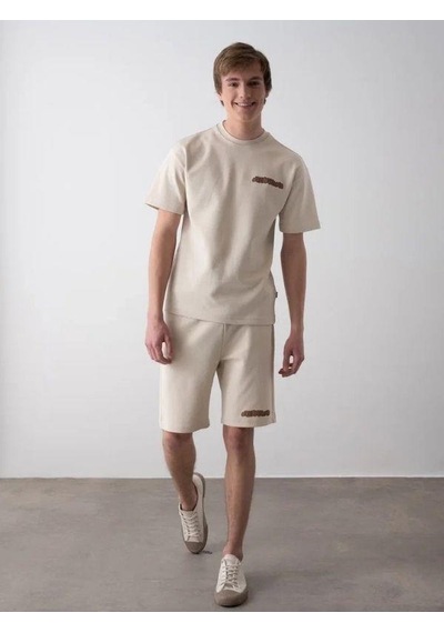 Erkek Çocuk Sırt Baskılı Pamuklu Oversize T-shirt Şort Takım-15798 Bej