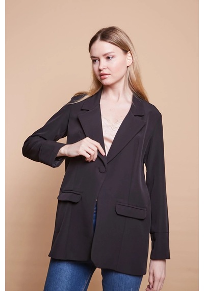 Yakalı Kolu Katlamalı Cep Kapaklı Salaş Boyfriend Oversize Hafif Likralı Kumaş Blazer Ceket-siyah Siyah Yakalı Kolu Katlamalı Cep Kapaklı Salaş Boyfriend Oversize Hafif Likralı Kumaş Blazer Ceket-siyah Siyah