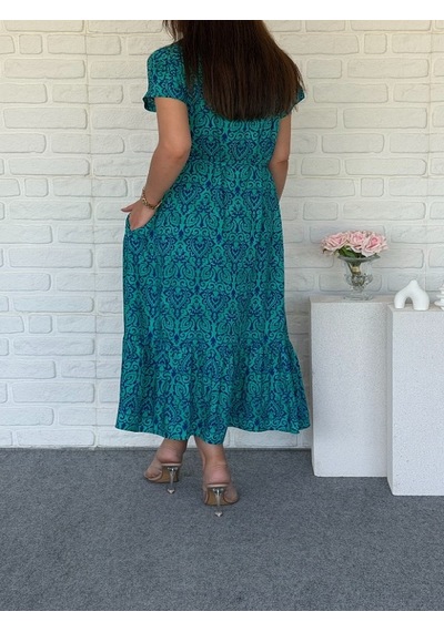 Mirve Butik Etnik Desenli Gömlek Elbise Mavi - Yeşil