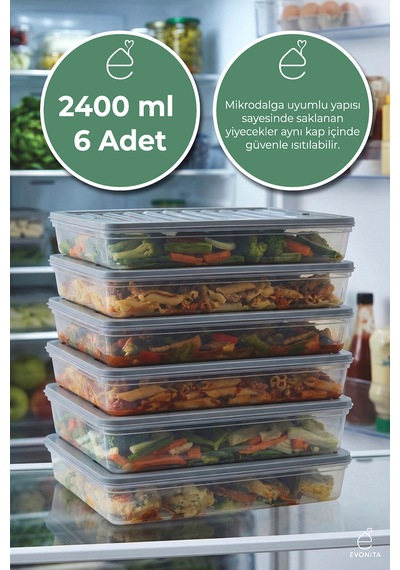 6 Adet 2400 Ml Saklama Kabı Kapaklı Plastik Buzdolabı Düzenleyici Mikrodalga Uyumlu Set Renkli