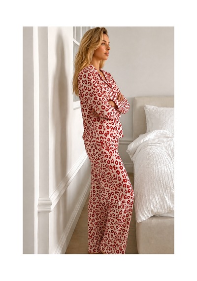 Fit Women Kadın Gömlek Yaka Düğmeli Kırmızı Pijama Takımı