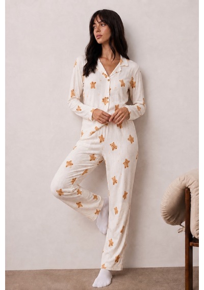 Fit Women Kadın Uzun Kollu Düğmeli Alt Üst Uyku Beyaz Pijama Takımı