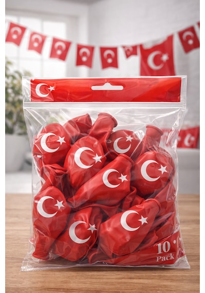 Ayyıldızlı Kırmızı Balon Seti Türk Bayraklı Parti Balonu Dayanıklı Latex Balon 10'lu Paket Düz Renkli
