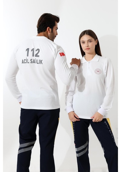 112 Acil Sağlık Yakalı Tshirt Uzun Kol Baskılı - Beyaz-12765 Beyaz