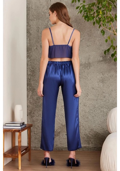 Pierre Cardin 7025 Kadın Lacivert 4'lü Saten Takım Gelin Set Lacivert