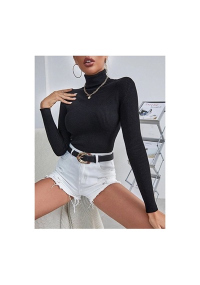 Hanclo Kadın Fitilli Balıkçı Yaka Slim Fit Triko Kazak Siyah