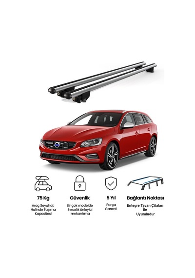 Kanca Volvo V60 Sw 2010-2018 Uyumlu Gri Kilitli Ara Atkı 120cm Port Bagaj Tavan Barı
