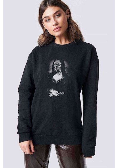 Mona Lısa Metal Rock Baskılı Siyah Kadın Sweashirt