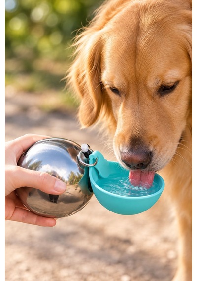 Çelik 350 Ml Mavi Taşınabilir Askılı Kedi Ve Köpek Seyahat Su Kabı Mt330