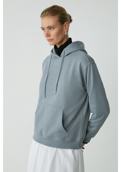 Ethıquet Abelıa Kadın Pamuklu Içi Polarlı Yumuşacık Kalın Kumaşlı Kapüşonlu Örme Comfort Mavi Sweats