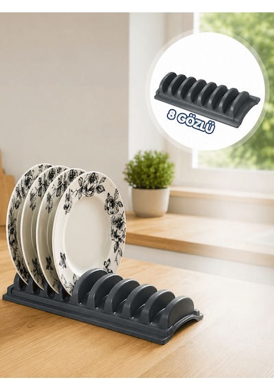 Beylini Tezgah Üstü 8'li Tabaklık Kurutmalık Stand Dolap Çekmece İçi Tabak Organizeri Standı Bulaşık Düzenleyici 13x35 Cm Antrasit