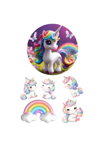 Yenilebilir Yuvarlak Pasta Ve Figür Resim Baskısı Şekerli Kağıt Unicorn Temalı 29