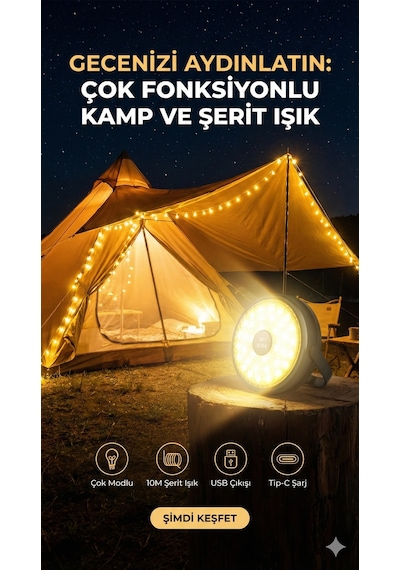 Şarjlı 10 Metre Ledli Şarj Göstergeli 8 Işık Modlu Hareketli Ve Flaşör Modlu Kamp Lambası Led Işık Diğer