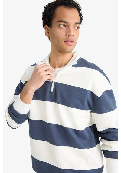 Defacto Boxy Fit Dik Yaka Yarım Fermuarlı Çizgili Sweatshirt F4640ax25aunv94 Lacivert