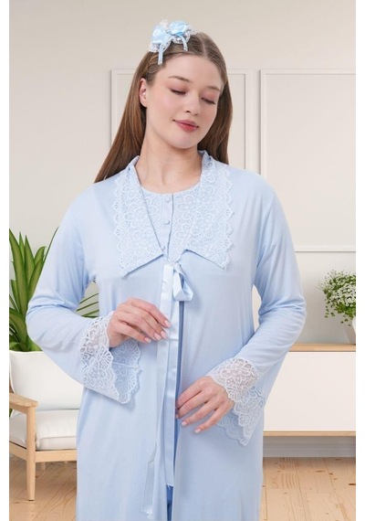 Mecit Pijama Mecit 1541 Bayan Hamile Lohusa Mavi Uzun Sabahlıklı Pijama Takımı
