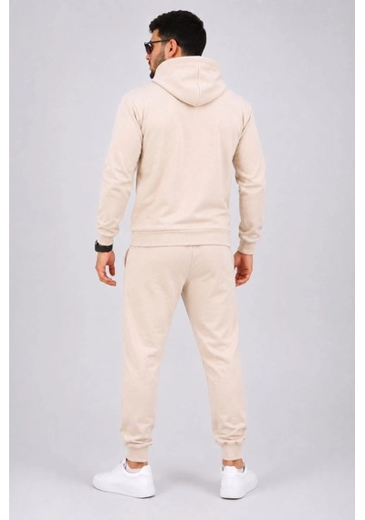 Moda Erkek İki İplik Kapüşonlu Kanguru Cepli Sweatshirt Jogger Pantolon Alt Üst Eşofman Takımı -bej Çok Renkli