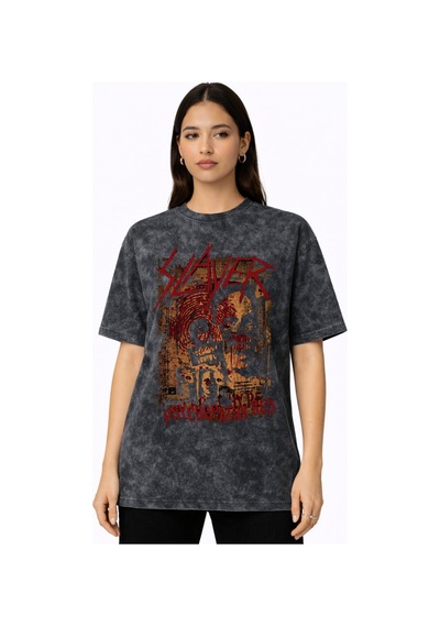 Slayer Rock Metal Müzik Grubu Baskılı Unisex Oversize Vintage Yık Siyah