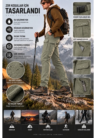 Dechers Erkek Kışlık Softshell İçi Polarlı Rüzgar, Soğuk & Su Geçirmez Taktik Pantolon - E232 Bej