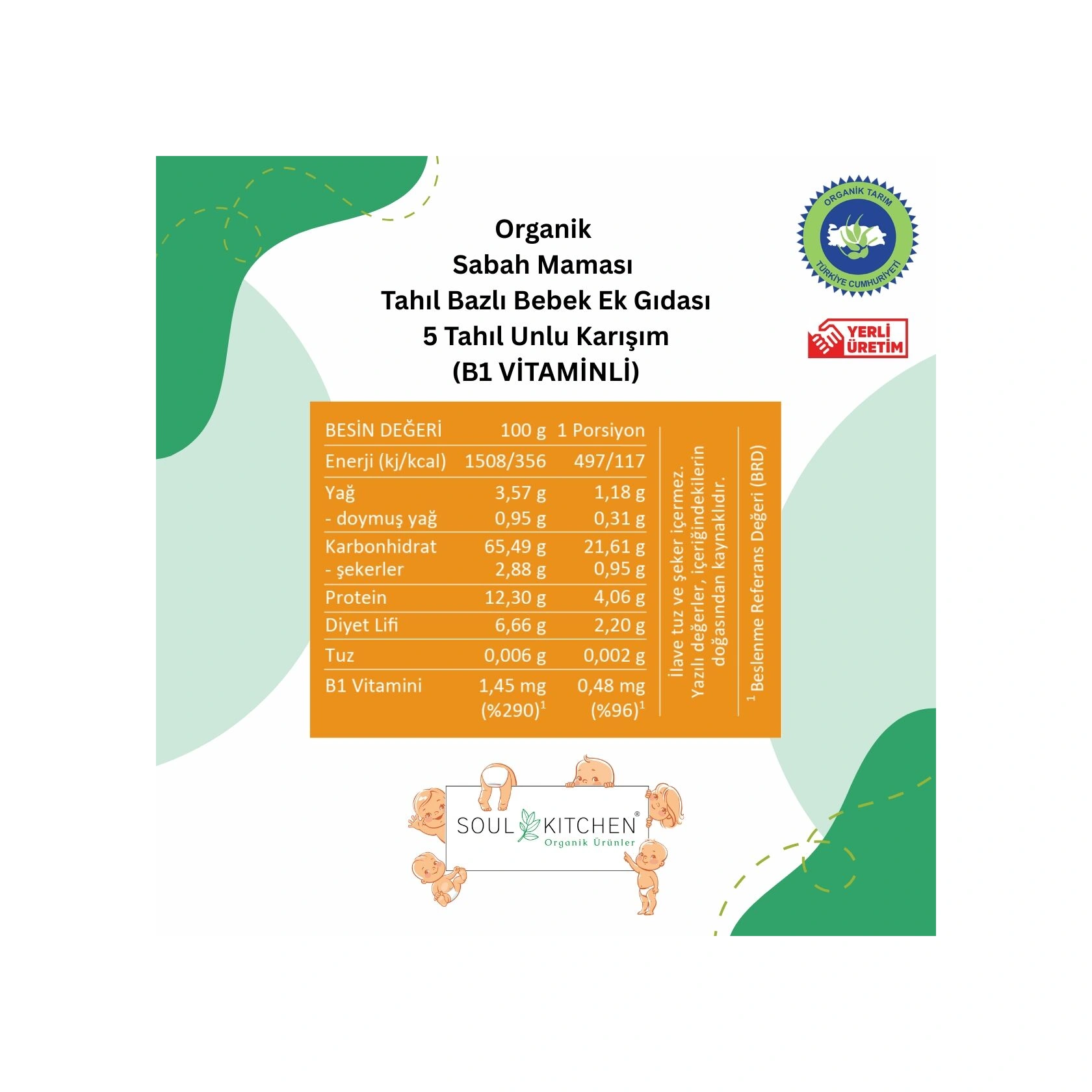 Soul Kitchen Organik 5 Tahıllı Sabah Maması Tahıl Bazlı Bebek Ek Gıdası B1 Vitaminli 250 G