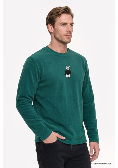 Ac&Co / Altınyıldız Classics Erkek Yesıl Anti-pilling Tüylenme Yapmayan Bisiklet Yaka Nakışlı Sweatshirt Polar