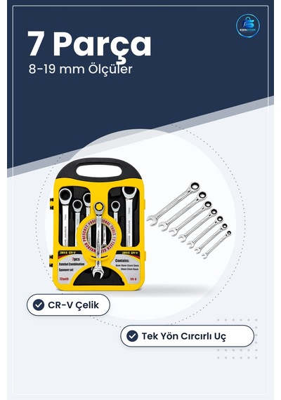 Lokmalı Kombine Anahtar Seti 7 Parça Cr-v 8 İle 19 Mm Tek Yön Cır