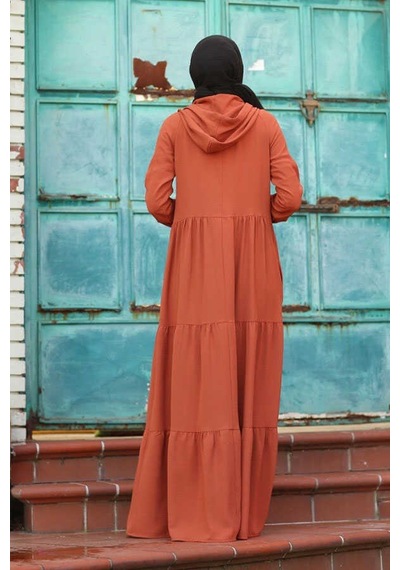 Neways 6531-Krep Kapüşonlu Reglan Kollu Elbise Taba
