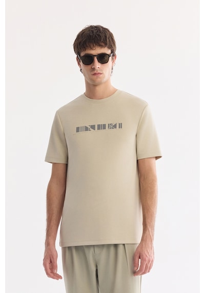 Avva Erkek Bej Bisiklet Yaka Baskılı Bi-stretch İnterlok Regular Fit T-shirt A61y1061