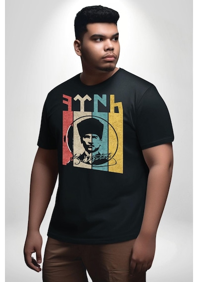 Angemiel Atatürk İmzalı Türk Logo Siyah Büyük Beden Erkek Kadın Unisex Basic Ön Baskılı Tişört Siyah