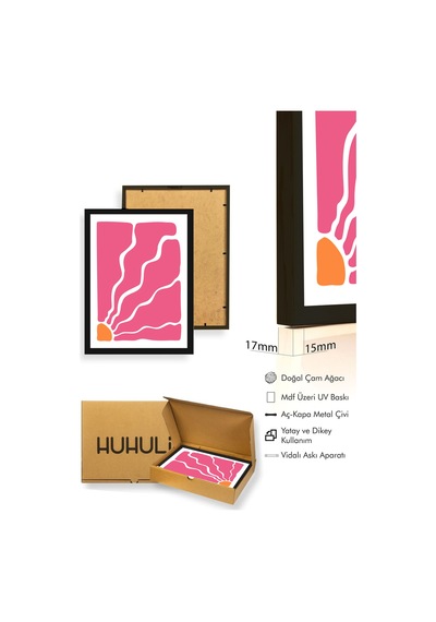 Doğal Ahşap Çerçeveli Retro Soyut Tablo - Coral Pembe Tonlar Huhu2676