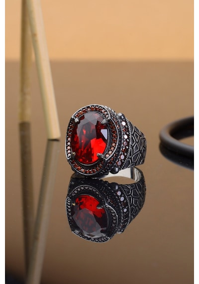 Innuendo Jewelry Kırmızı Zirkon Taşlı Zirkon Taş Süslemeli 925 Ayar Gümüş Erkek Yüzüğü Gümüş