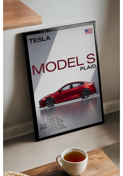 Tesla Model S Plaid Siyah Ahşap Çerçeveli Poster, Dekoratif Araba Duvar Tablosu