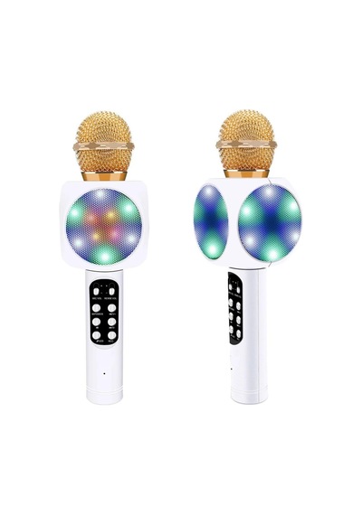 Led Işıkli Şarjlı Kablosuz Karaoke Mikrofon Bluetooth Hoparlör Ses Değiştirme Sd Kart Usb Girişli Beyaz Ws-1816