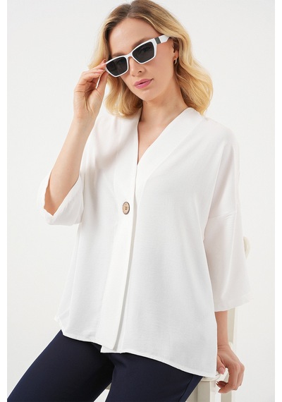 Bigdart Kadın Kısa Kol Oversize Kimono 5969 - Beyaz