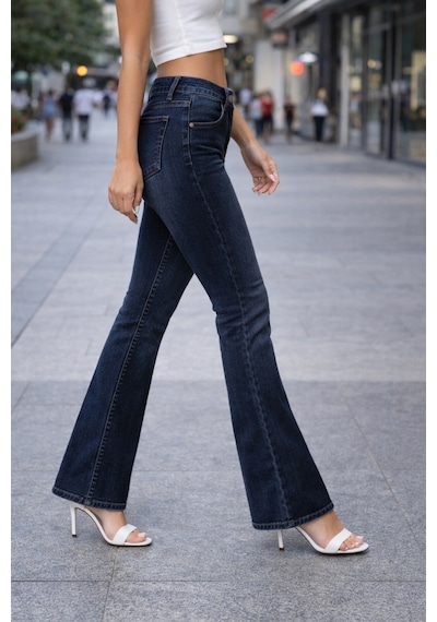 Cedy Denım Yüksek Kalite Kadın 5 Cep Düşük Bel İspanyol Paça Skinnyfit Esnek Jean Pantolon C619 Lacivert