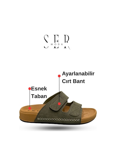 Sermoda Erkek Terlik - Cırtlı Bantlı Rahat Kalın Tabanlı Deri Erkek Terlik Haki